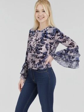MISA Los Angeles Lavender and Blue Floral Ruffle-Sleeve Blouse